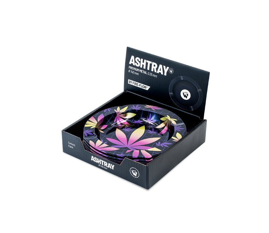 Display mit 6 FIRE-FLOW Metall-Aschenbechern Leaves 37 2/4