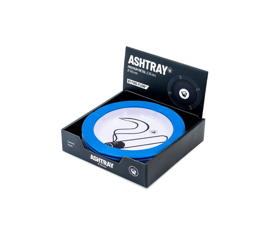 Display mit 6 FIRE-FLOW Metall-Aschenbechern Rauchen gestattet