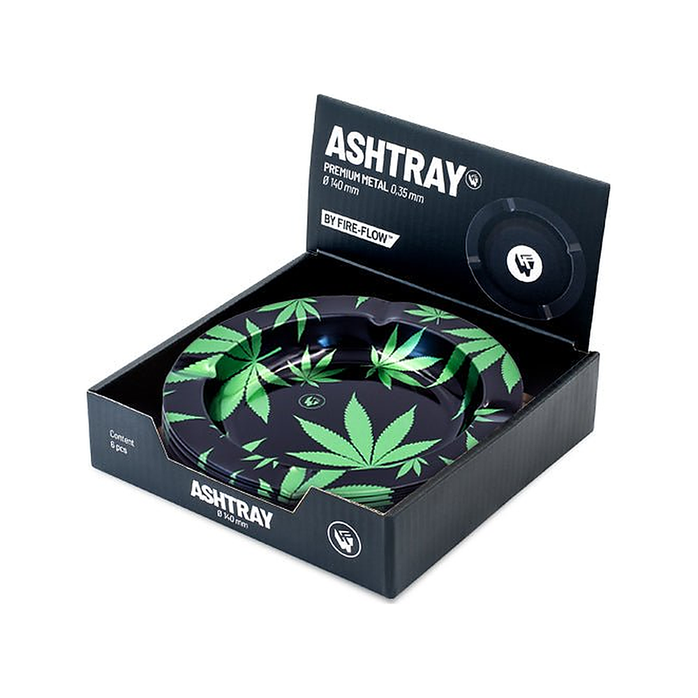 Display mit 6 FIRE-FLOW Metall-Aschenbechern Leaves Green Metallic