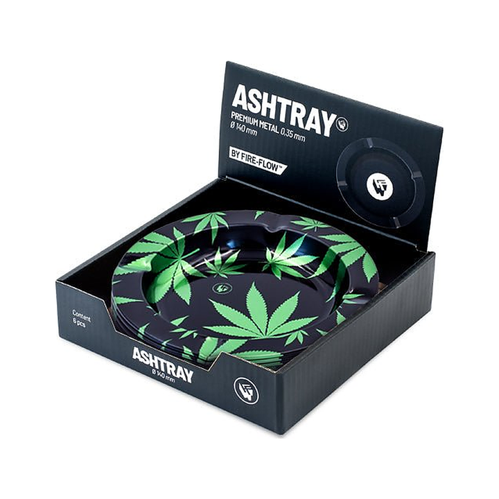 Display mit 6 FIRE-FLOW Metall-Aschenbechern Leaves Green Metallic