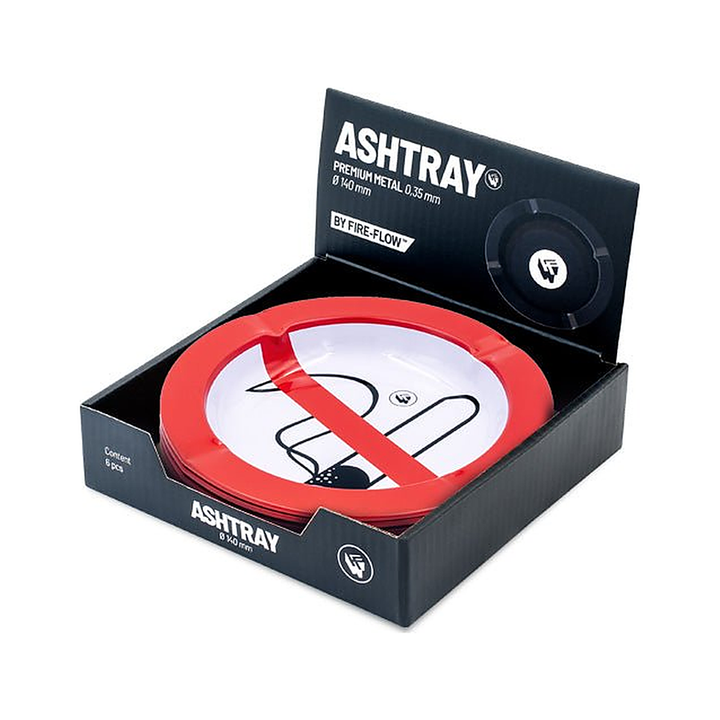 Display mit 6 FIRE-FLOW Metall-Aschenbechern Rauchen verboten