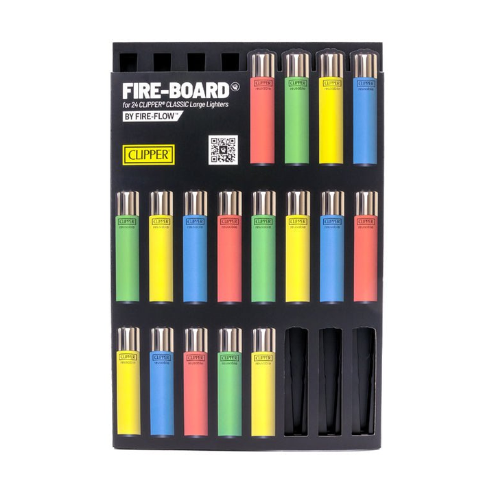 FIRE-BOARD mit 24 Clipper Feuerzeugen bestückt, Übersicht