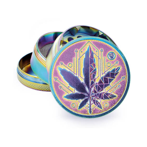 FireFlow Grinder Icy in Regenbogen-Optik mit geometrischem Hanfblatt, 4-teilig