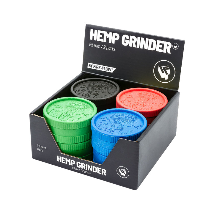 Display mit 8 FireFlow Hemp Grindern 420 Alien in vier Farben 5.5 cm 2-teilig