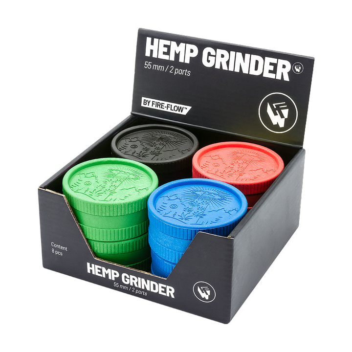 Display mit 8 FireFlow Hemp Grindern 420 Alien in vier Farben 5.5 cm 2-teilig