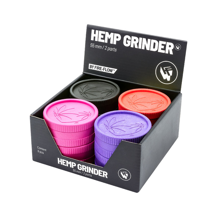 Display mit 8 FireFlow Hemp Grindern 420 Heart in vier Farben 5.5 cm 2-teilig