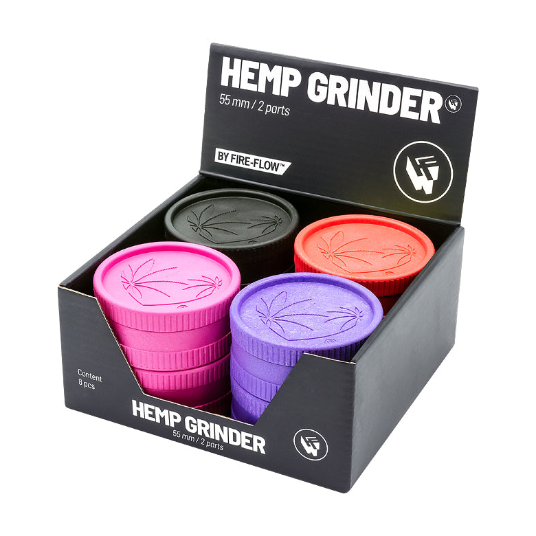 Display mit 8 FireFlow Hemp Grindern 420 Heart in vier Farben 5.5 cm 2-teilig