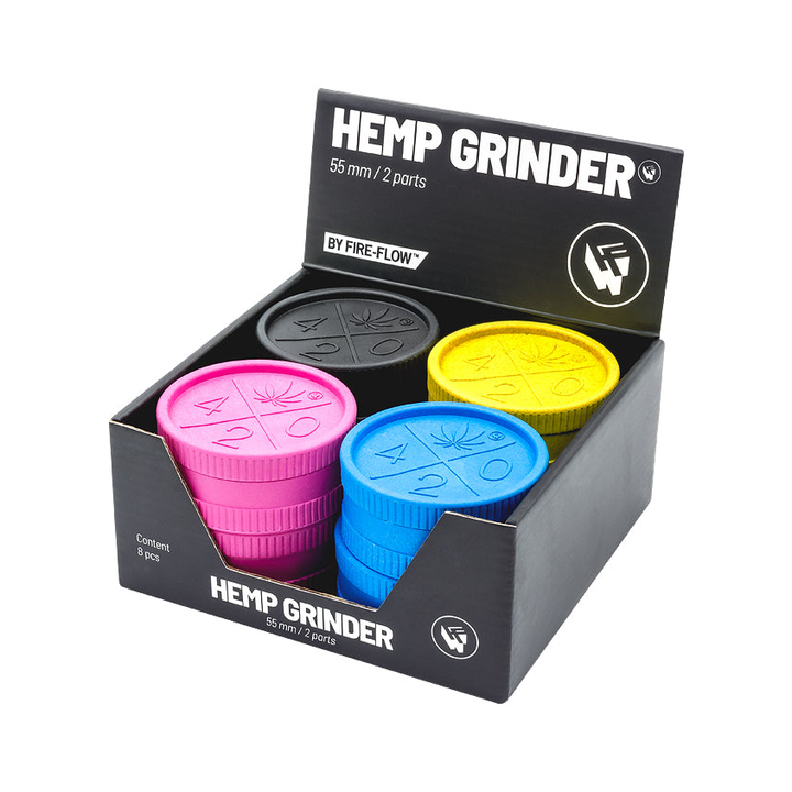 Display mit 8 FireFlow Hemp Grindern 420 in vier Farben 55 mm 2-teilig