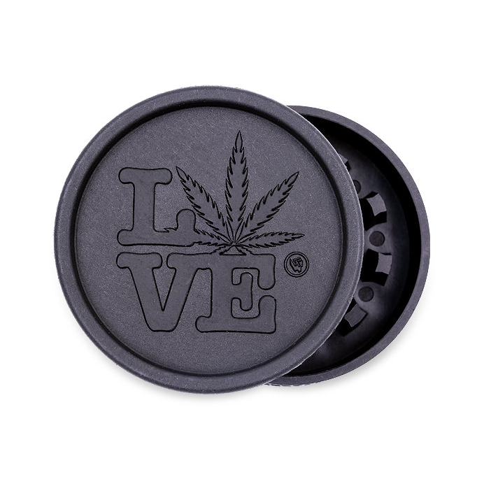 Schwarzer FireFlow Hemp Grinder mit Love Motiv und Hanfblatt, Deckel versetzt