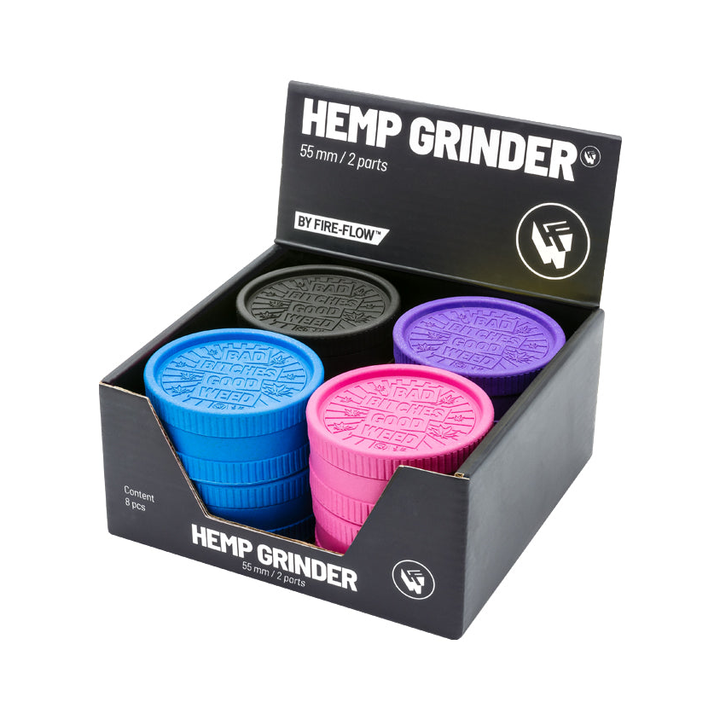 Display mit 8 FireFlow Hemp Grindern Bad Bitches in vier Farben 5.5 cm 2-teilig