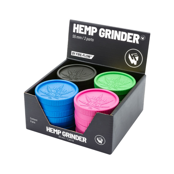Display mit 8 FireFlow Hemp Grindern High as Fuck in vier Farben 5.5 cm 2-teilig