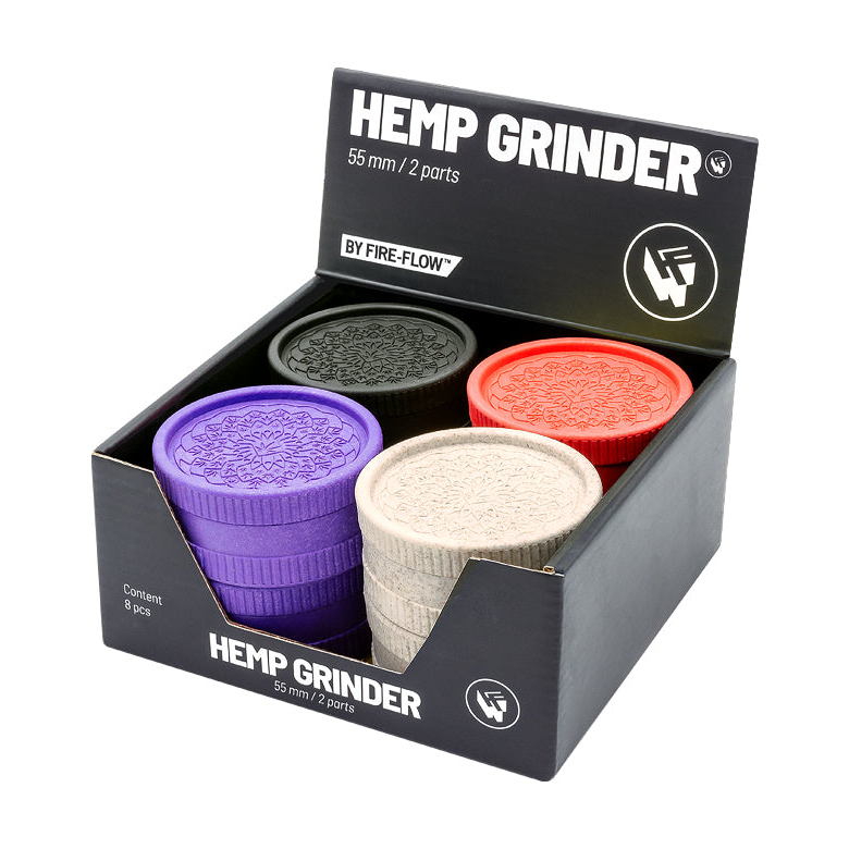Display mit 8 FireFlow Hemp Grindern Leaf Pattern in vier Farben 55 mm 2-teilig