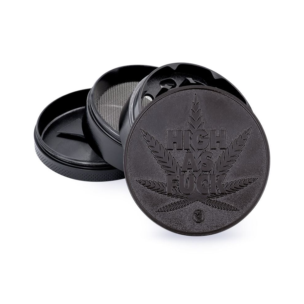 Grinder en métal FireFlow noir avec slogan, 4 pièces ouvertes