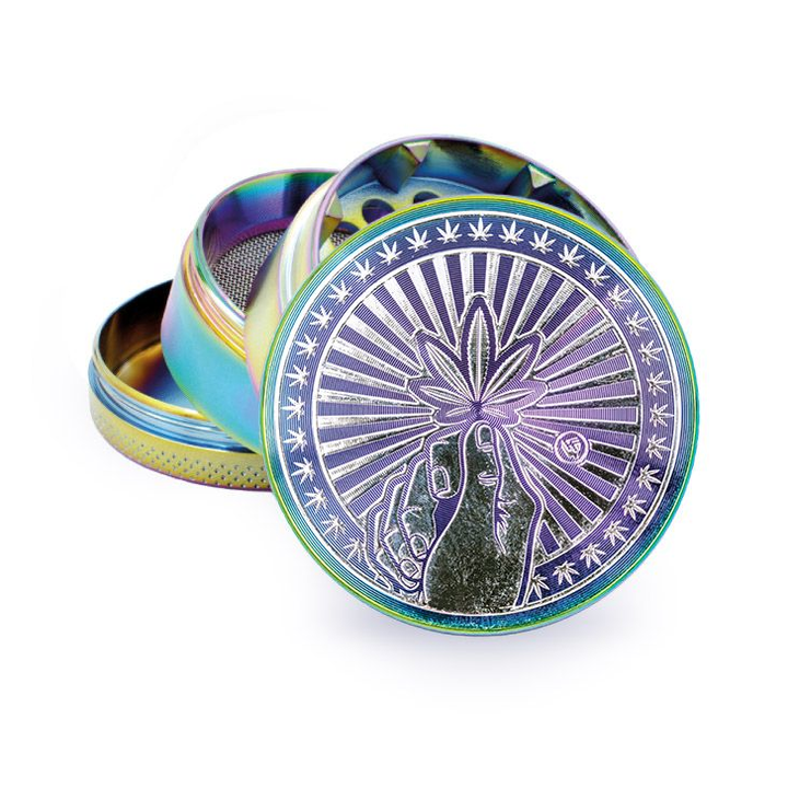 FireFlow Metall-Grinder in Regenbogenfarben mit Hand und Hanfblatt Gravur, 4-teilig