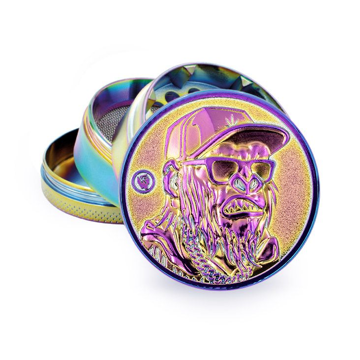 FireFlow Metall-Grinder Monkey Icy in Regenbogen Optik mit Affenmotiv mit Cap und Sonnenbrille