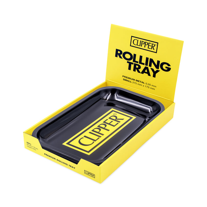 Schwarzes Clipper Rolling Tray in gelber Display Box mit Premium Metal Aufschrift