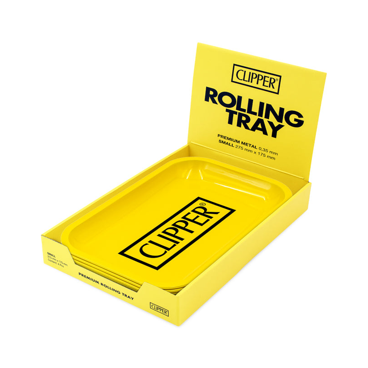 Gelbe Clipper Rolling Tray Display-Box geöffnet mit Tray und Logo Aufdruck