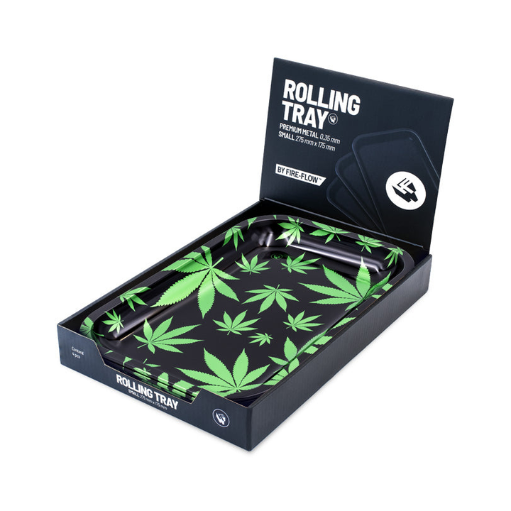 Mischschale mit grünem Hanfblatt-Muster in FireFlow Rolling Tray Verkaufsbox