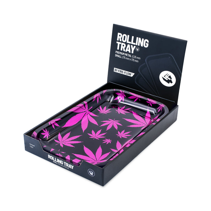 FireFlow Rolling Tray mit pinkem Hanfblatt-Muster in Display-Verpackung