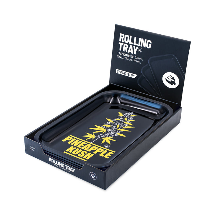 FireFlow Rolling Tray Pineapple Kush schräg liegend im aufgeklappten Display-Karton