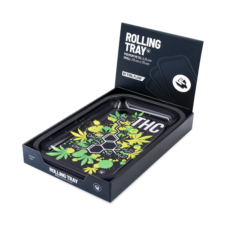 Display mit 4 FireFlow Rolling Trays THC Molecule in schwarzer Verpackung