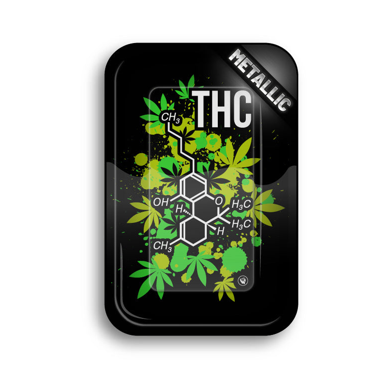 FireFlow Rolling Tray mit weisser THC Strukturformel und grünen Blättern