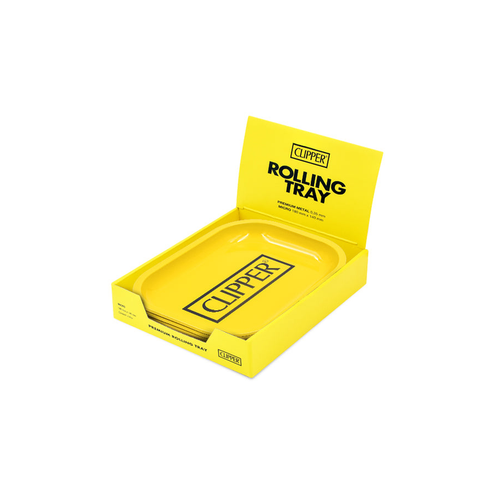 Gelbe Clipper Mischschale in passender gelber Rolling Tray Verkaufsbox