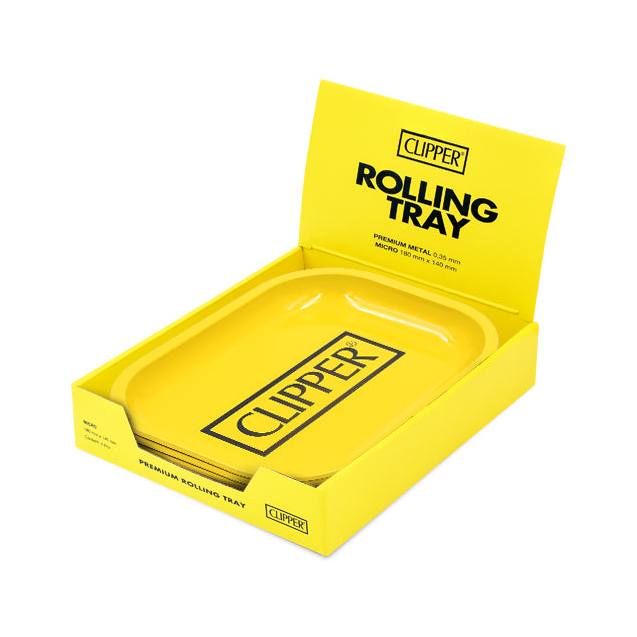 Gelbe Clipper Mischschale in passender gelber Rolling Tray Verkaufsbox