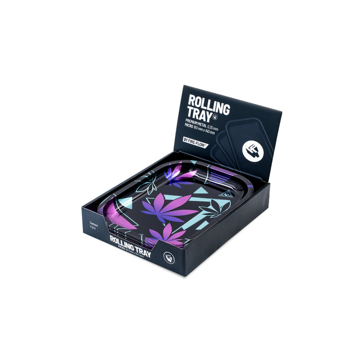 FireFlow Rolling Tray Leaves im Display-Karton, Schale mit Blätter-Motiv eingelegt
