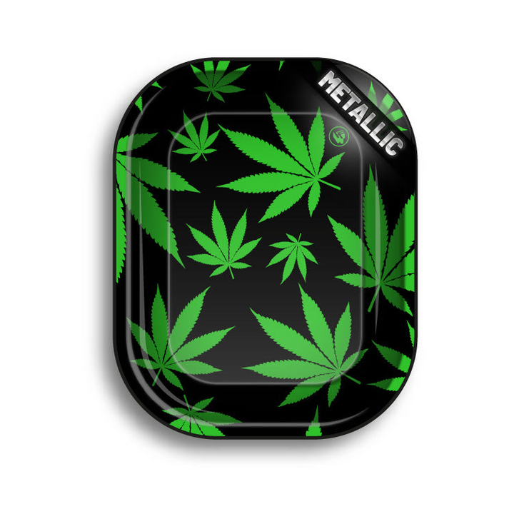 FireFlow Rolling Tray Leaves Green schwarz mit grünen Hanfblättern in Metallic-Optik