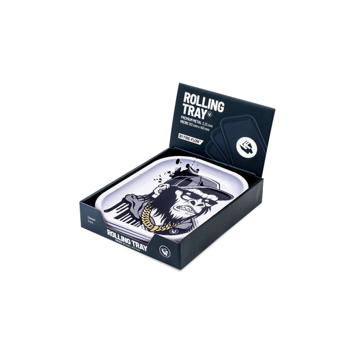 FireFlow Display geöffnet mit Rolling Tray Monkey im Schwarz-Weiss Design