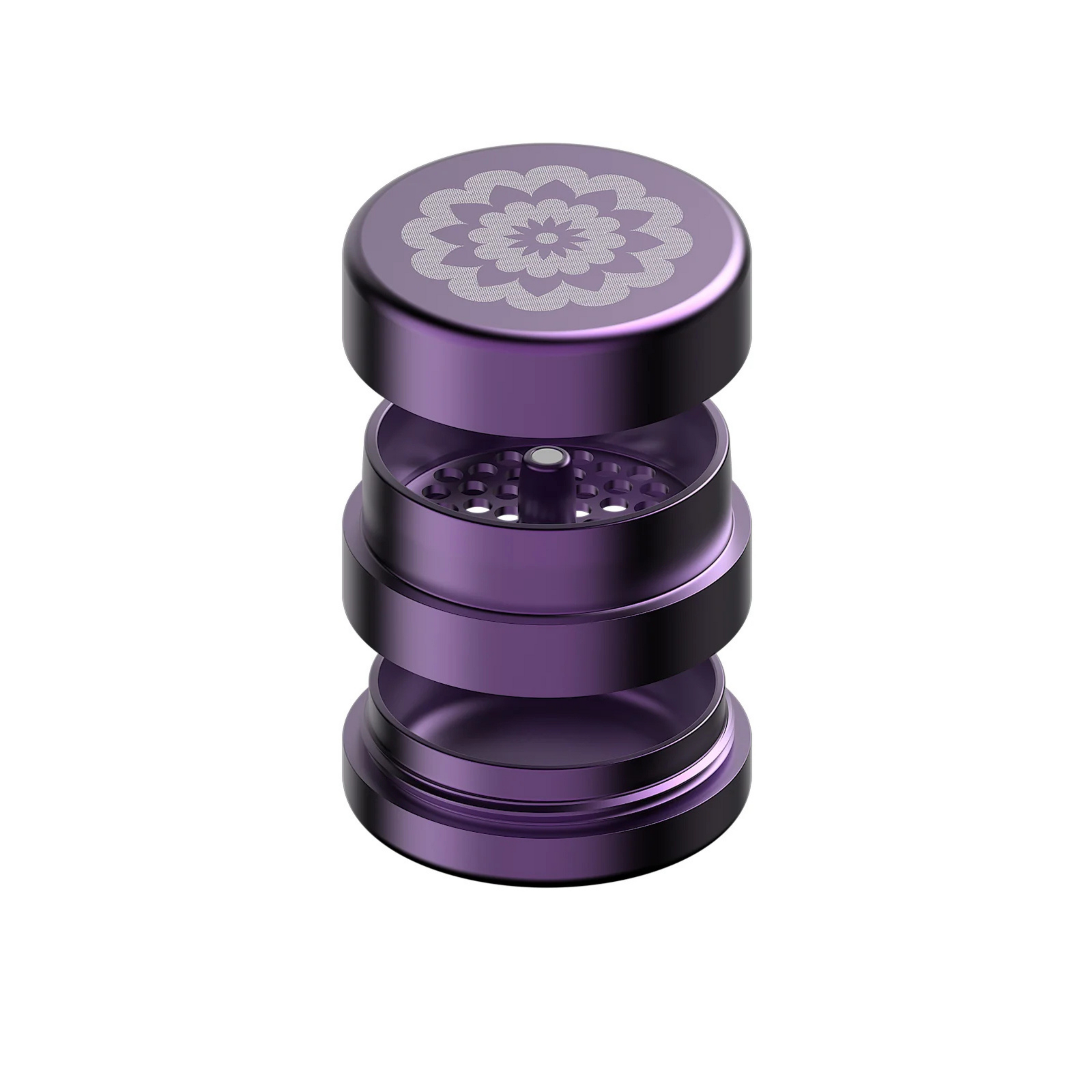 FlowerMill Grinder 64mm Purple mit Pollenfach Schnellverschluss Detail