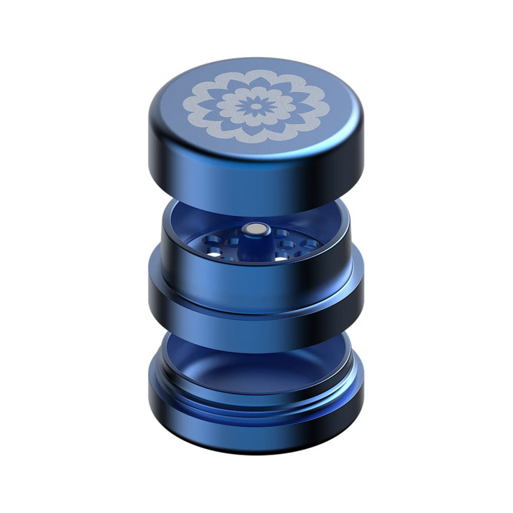FlowerMill Grinder 51mm Blau alle Teile offen auseinandergelegt