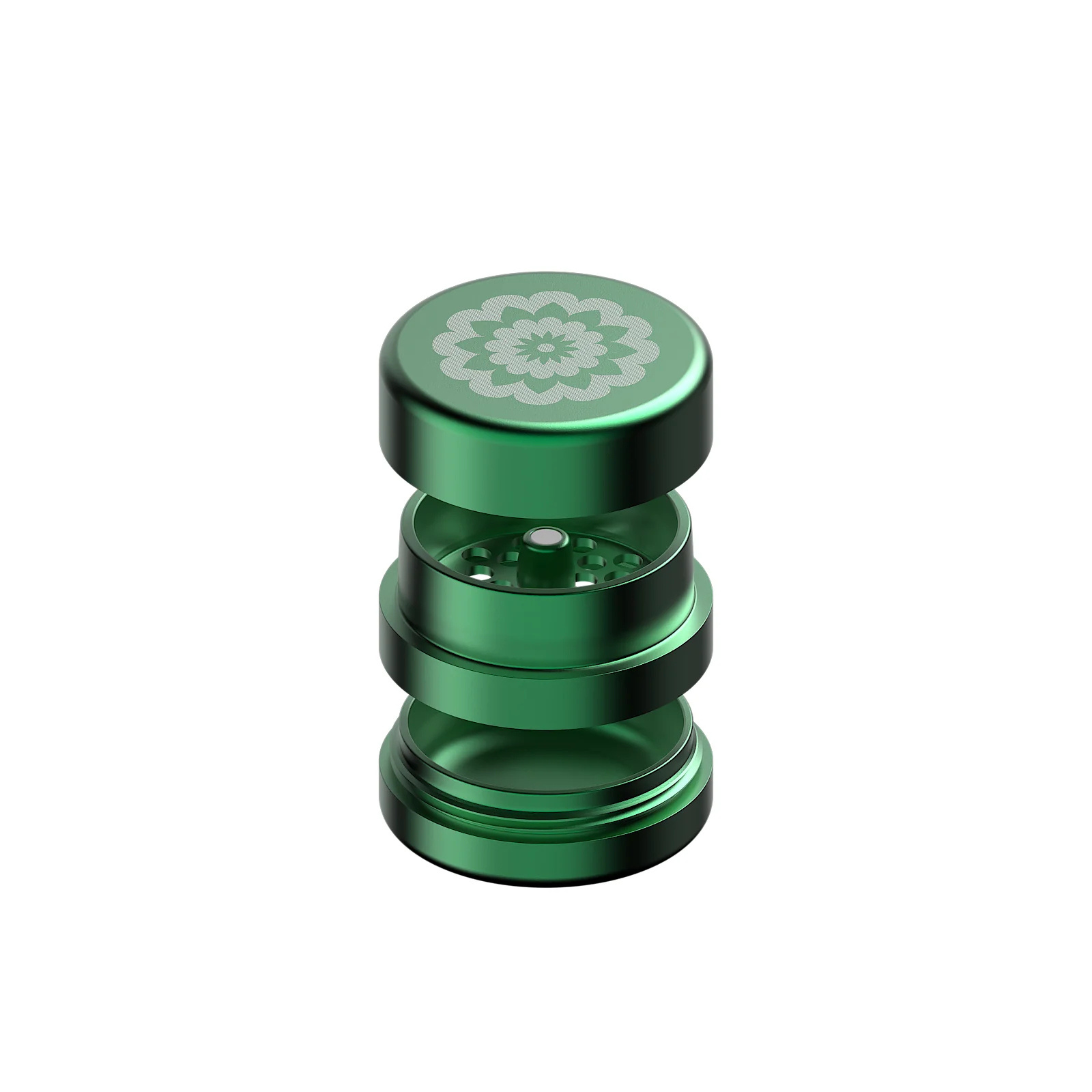 FlowerMill Grinder 51mm Grün alle Teile offen auseinandergelegt