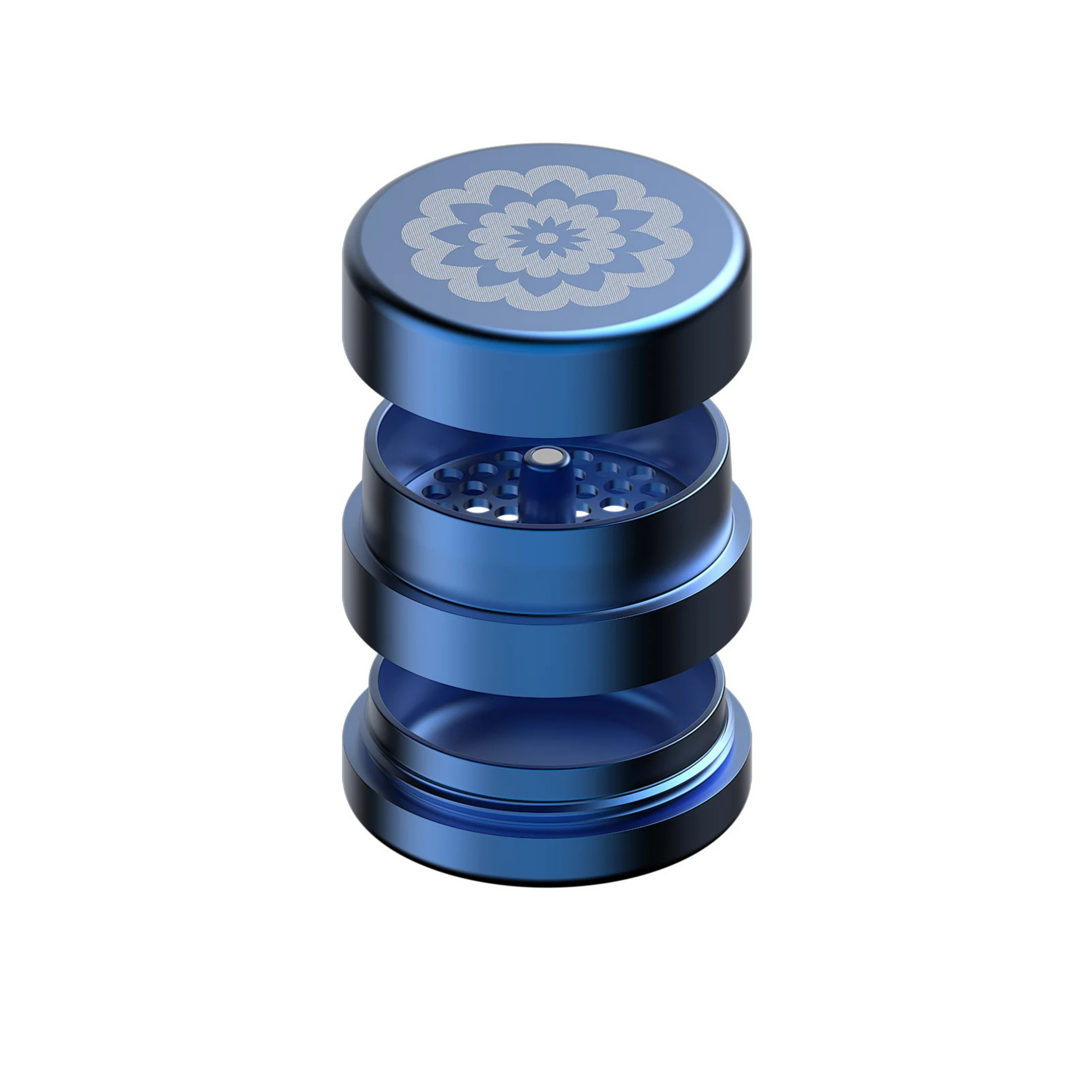 FlowerMill Grinder 64mm Blau alle Teile offen auseinandergelegt