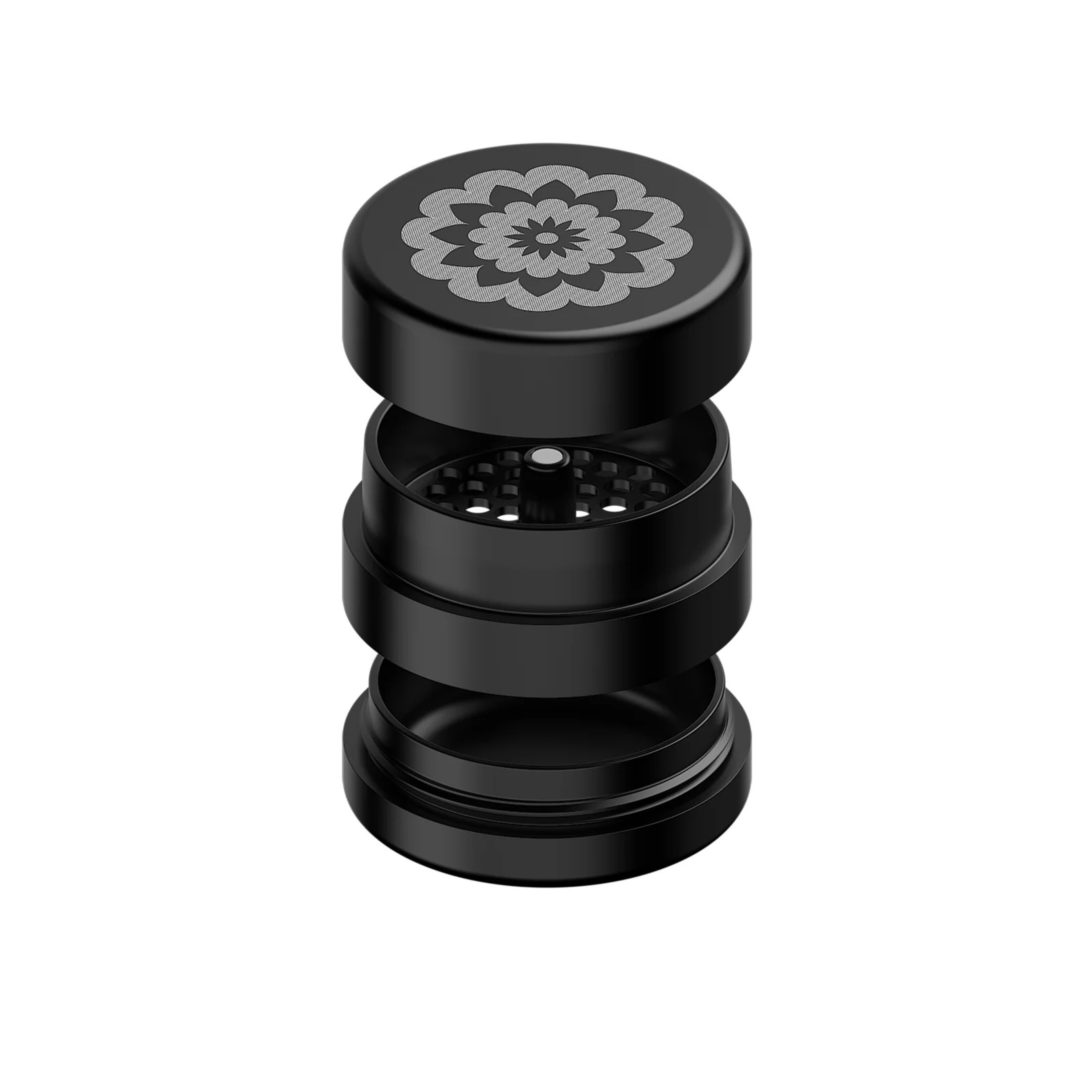 FlowerMill Grinder 64mm Schwarz alle Teile offen auseinandergelegt