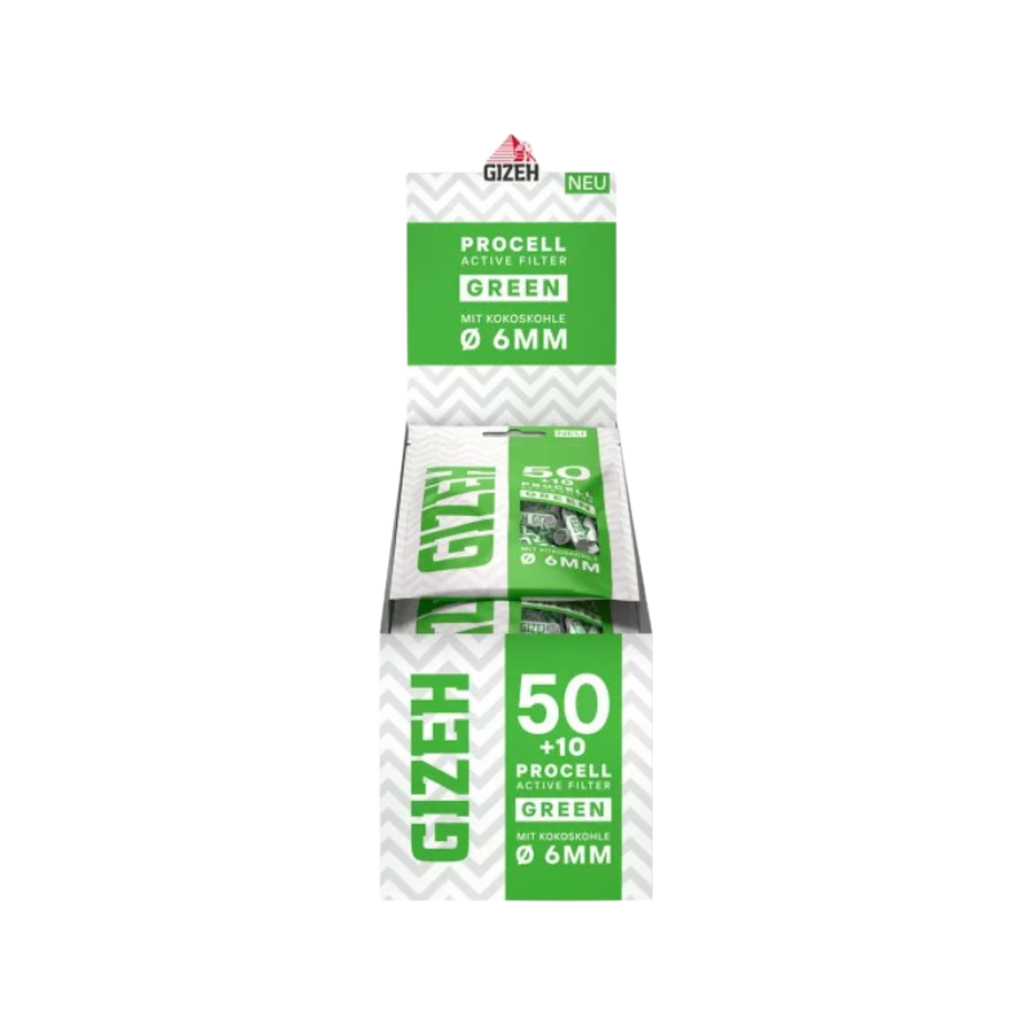 Display mit 10 Beuteln GIZEH ProCell Green 6mm Aktivkohlefilter à 50 Stück