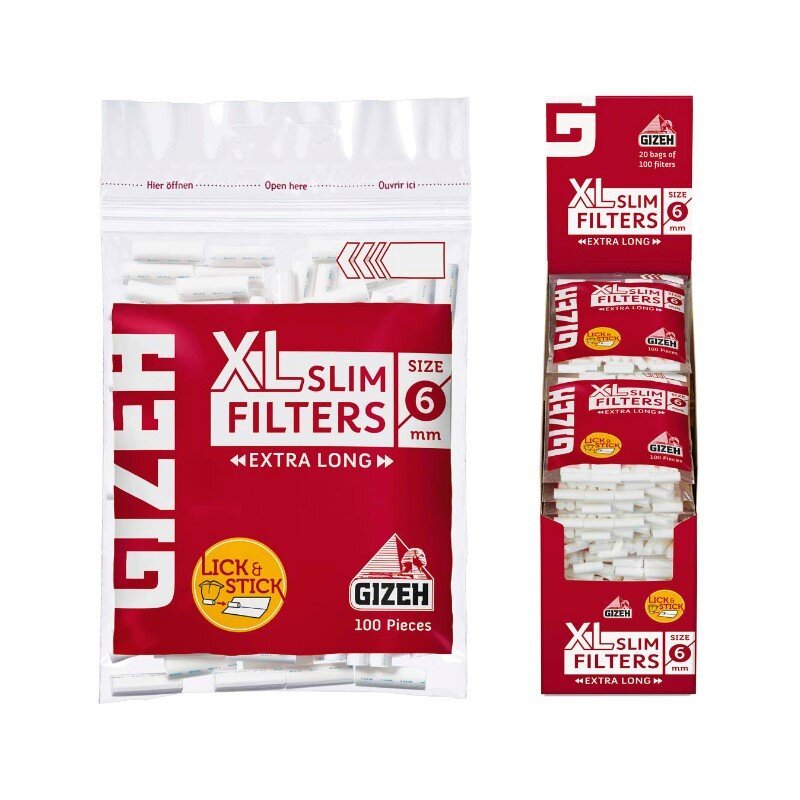 Display mit 20 Beuteln GIZEH XL Slim Filter 6mm extra lang