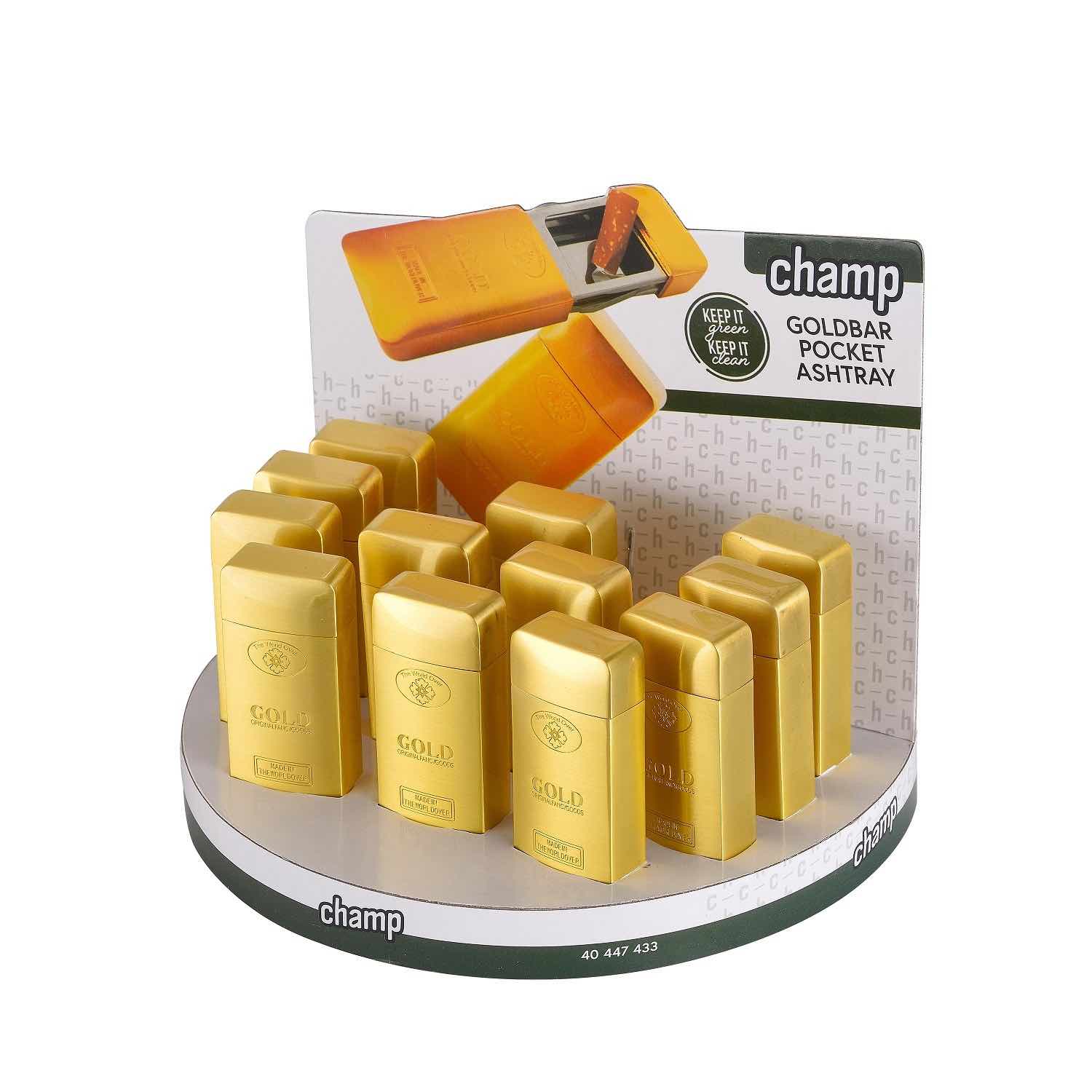 Display mit Goldbar Taschenaschenbechern, 12 Stück
