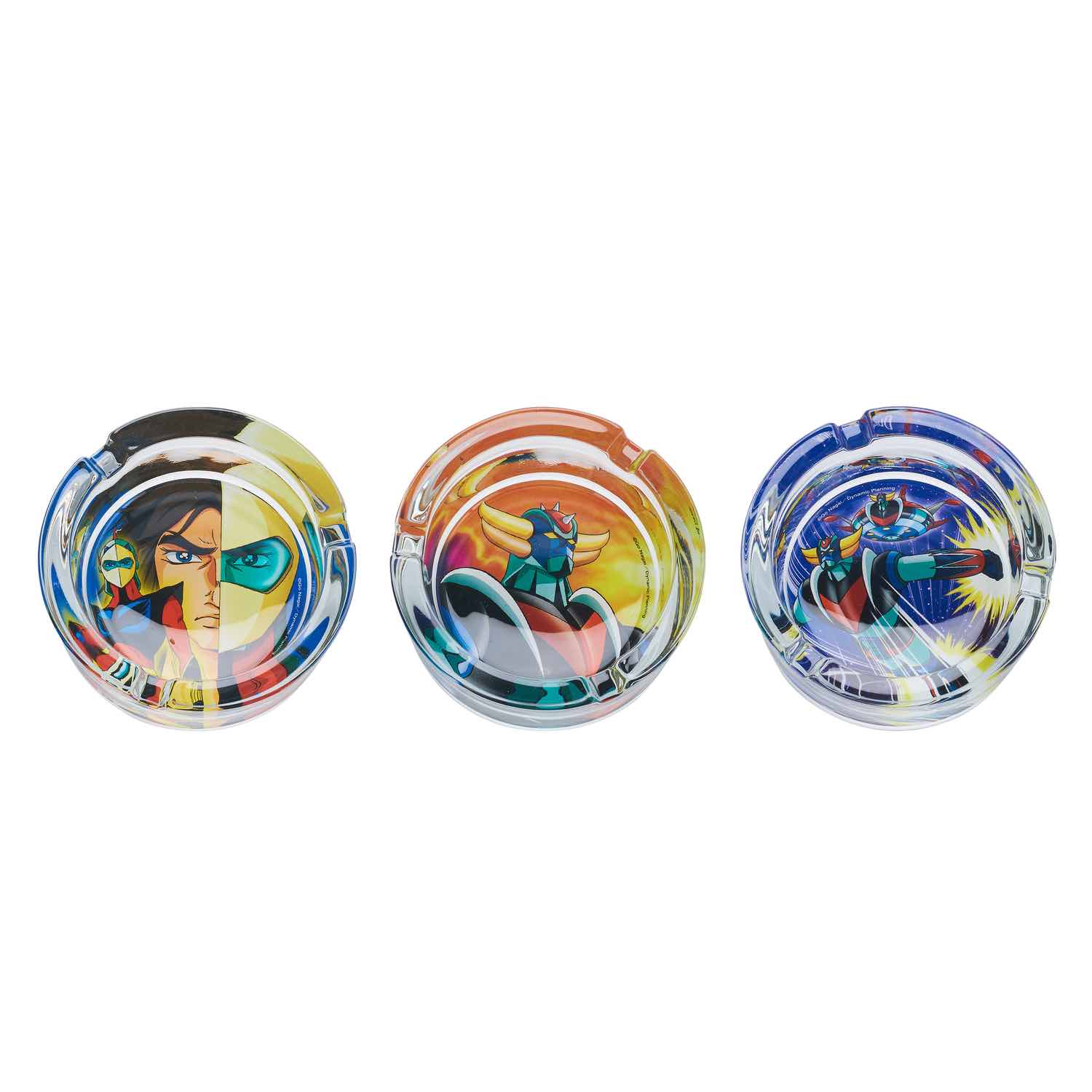 Runder Goldorak Glas-Aschenbecher mit Motiv, transparent