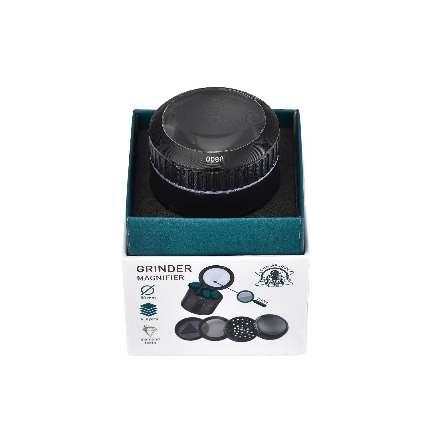 Grinder Magnifier Black mit Lupe und Staufach - 50mm - 4 Layers kaufen bei rauchwerk.ch