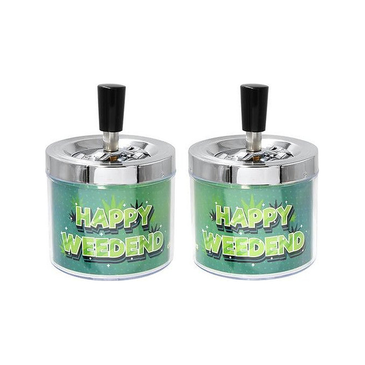 Drehaschenbecher Happy Weedend aus Metall mit Drehdeckel