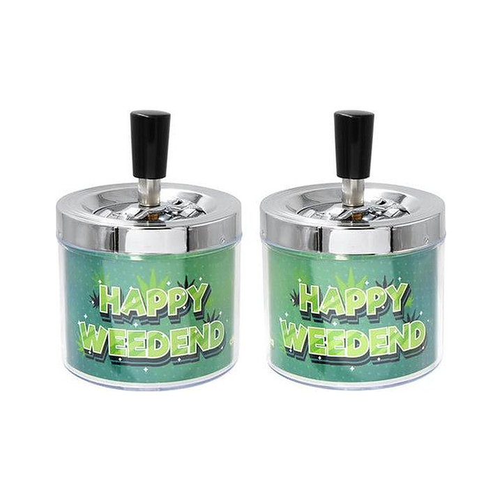Drehaschenbecher Happy Weedend aus Metall mit Drehdeckel