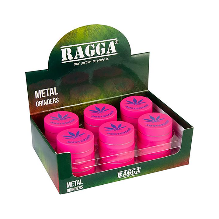 Display mit Alu Pink Hemp Leaf Grinder, ca. 12 Stück