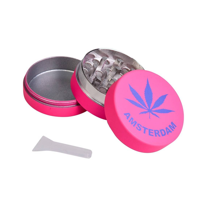 Grinder Hemp Leaf Pink aperto con denti a diamante e setaccio