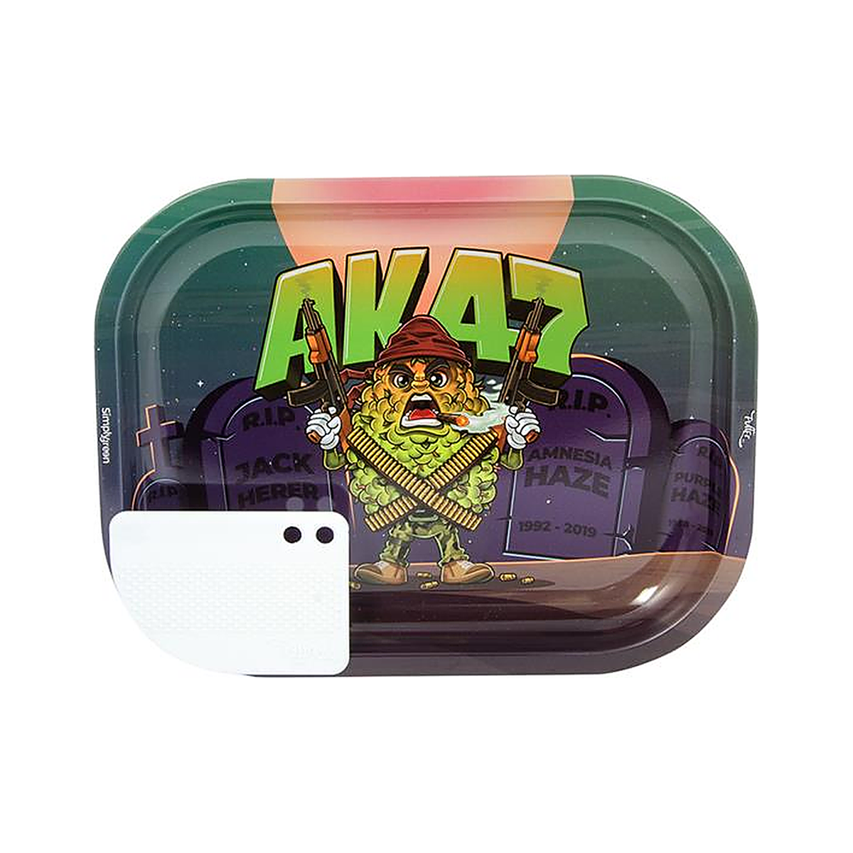 Growpoint Metal Rolling Tray AK47 Buds mit Cartoon-Bud-Figur und weisser Scraper-Karte