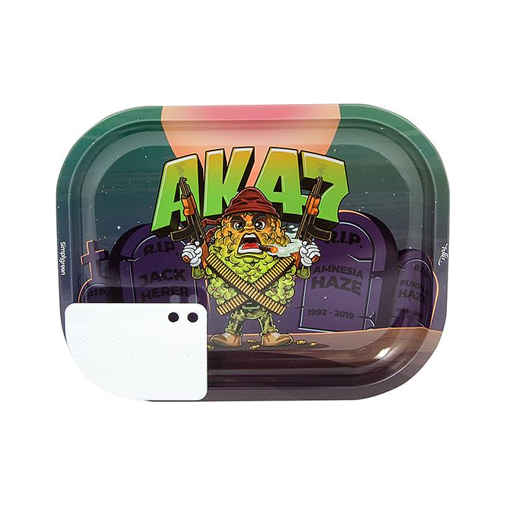 Growpoint Metal Rolling Tray AK47 Buds mit Cartoon-Bud-Figur und weisser Scraper-Karte