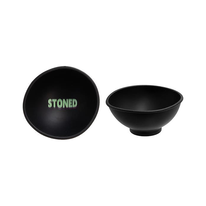 Zwei Ansichten der schwarzen Growpoint Silikonschale mit Stoned Schriftzug