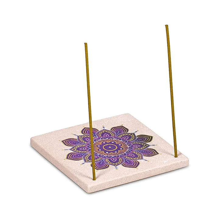 Viereckiger Sandstein Räucherstäbchenhalter mit Mandala-Blume Motiv