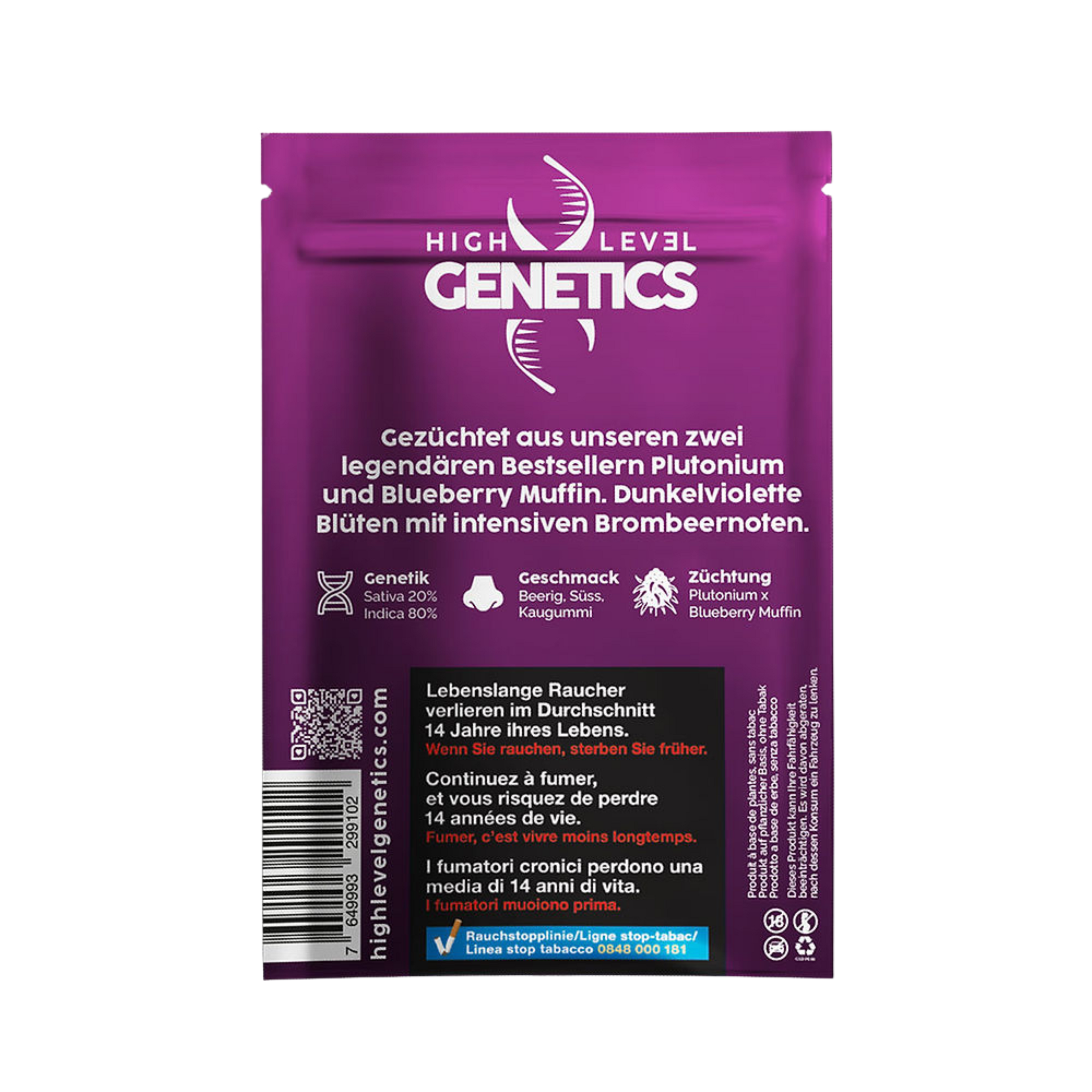 Rückseite Plush Berry 2g mit CBD- und THC-Werten